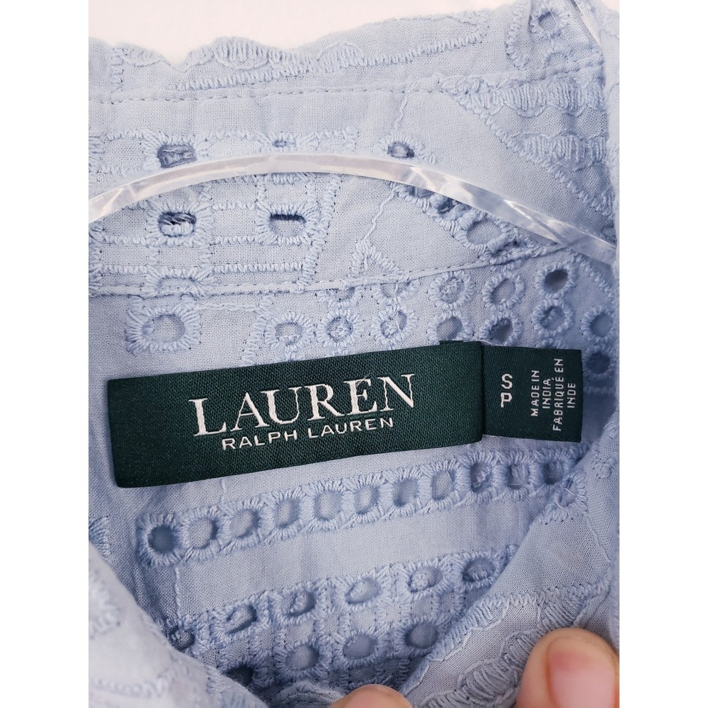 Lauren Ralph Lauren Eyelet Button Down Shirt Light Blue Geometric Embroidery S - Picture 6 of 6